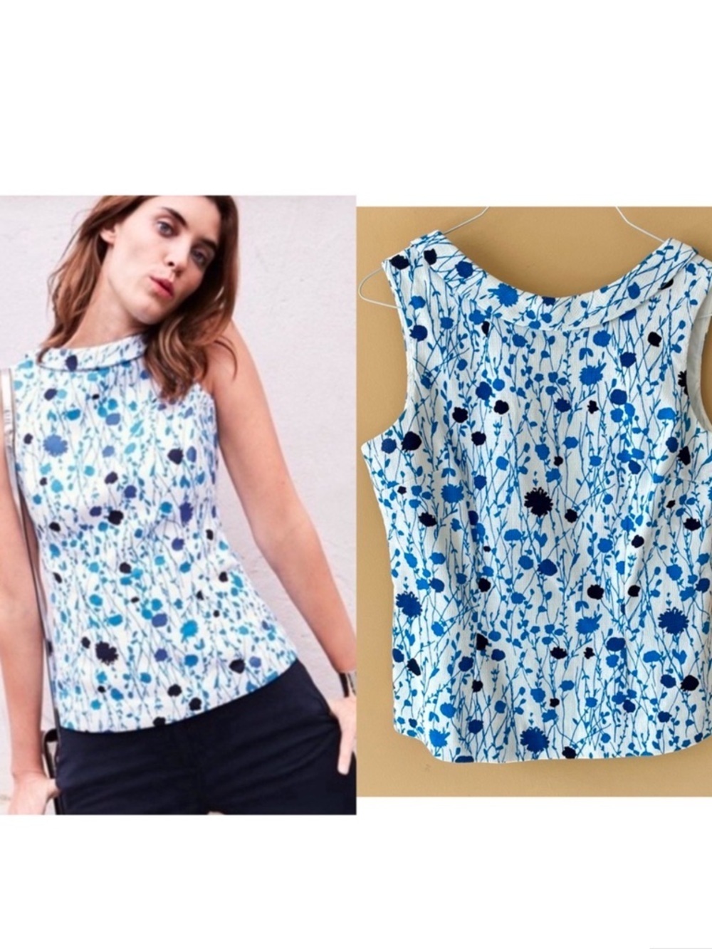 BODEN Anthropologie Martha Retro Top in Blue and White US10